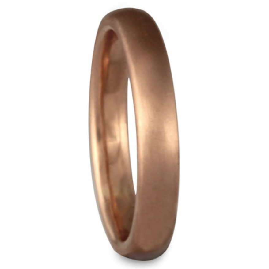 This rose gold comfort fit wedding ring is 2mm thick at its thickest—as a quality ring should be.